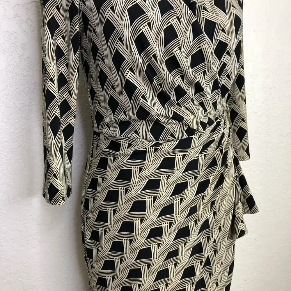 WHBM cream black art deco geometric faux wrap midi dress size 6